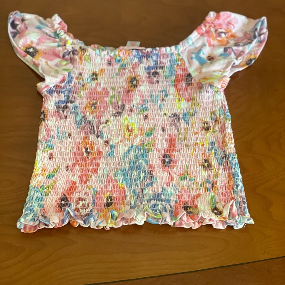 1st Kiss Pink and Blue Off-Shoulder Blouse with Ruffled Sleeves